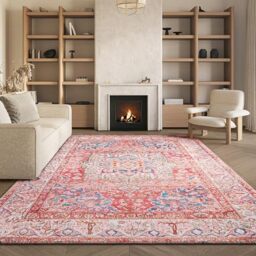 SAFAVIEH Traditional Rug Ideal for High Traffic Areas - Machine Washable and Non Slip - Tucson Collection, Short Pile, in Rose and Cream, 183 X 274 cm