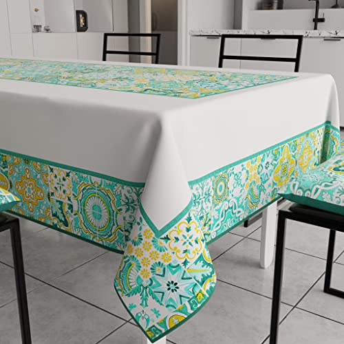 PETTI Artigiani Italiani - Anti-Stain Rectangular Tablecloth Kitchen Table Cover Geometric Design Vietri Aqua Green X24 Seater (140 x 450 cm) 100% Made in Italy