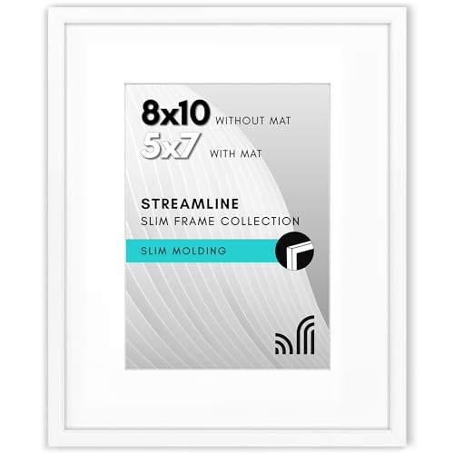 Americanflat 8x10 Picture Frame with Shatter-Resistant Glass - Use as 5x7 Frame with Mat or 8x10 Frame Without Mat - Streamline Collection - Thin Picture Frame for Tabletop and Wall Display - White