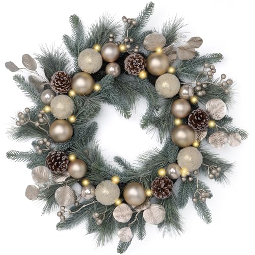 Valery Madelyn 24 Inch Pre-Lit Christmas Wreath for Front Door with Lights, Large Elegant Valentine???s Day Wreath with Champagne Gold Xmas Balls for Table Centerpiece Holiday Party Wedding Decor