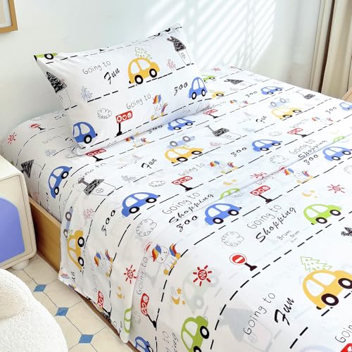 Homilay Twin Sheets Set Kids - 3 Piece Car Sheets for Boys, Girls, Teens, Toddler, Easy Fit Deep Pockets, Breathable, Wrinkle-Free, Cozy Soft Cartoon Print Cute Bed Sheets