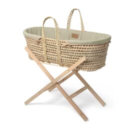 Clair de Lune Organic Palm Moses Basket with Natural Folding Stand 75 x 28cm Sage Green