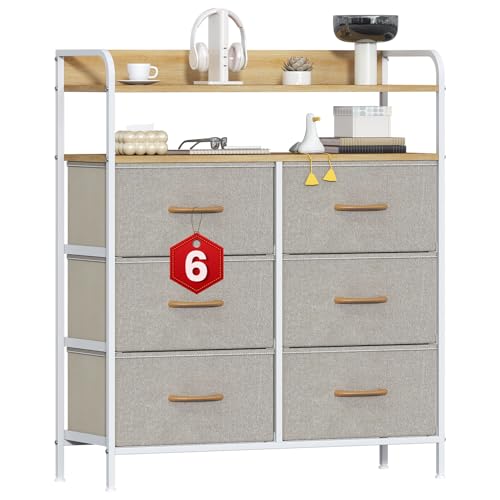 GoaHi Chest Of Drawers With 6 Drawers,Fabric Storage Tower for Bedroom,Fabric Dresser With Double Wooden Top,Dresser For Bedroom,Storage Organizer,Beige