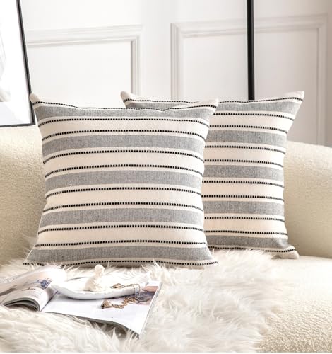 Cethom Decorative Boho Throw Pillow Covers, Farmhouse Textured Pillow Case, 20 x 20 Inch Set of 2, Suitable for Chair Sofa Bedroom Living Room Home Decor Couch Cushion Case, Black and Beige Striped