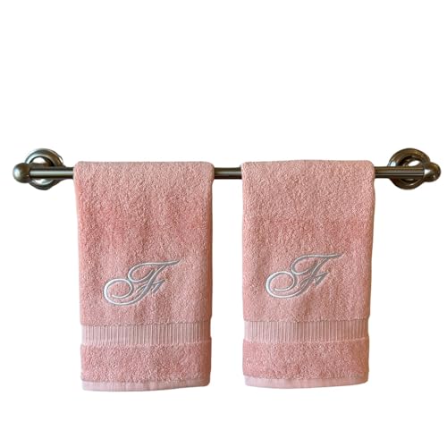 Pink Monogrammed Hand Towels for Bathroom - Luxury Hotel Quality Personalized Initial Embroidered Towel for Powder Room, Spa - GOTS Organic Certified - Set of 2 White Letter F