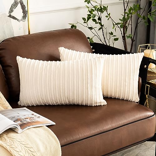 "UGASA Pack of 2, Velvet Pillow Covers Striped, Soft Textured Throw Cushion Case Set, Accent Corduroy Lumbar Pillowcases with Hidden Zipper for Home Decor Indoor Outdoor (12""x20"", Cream)"