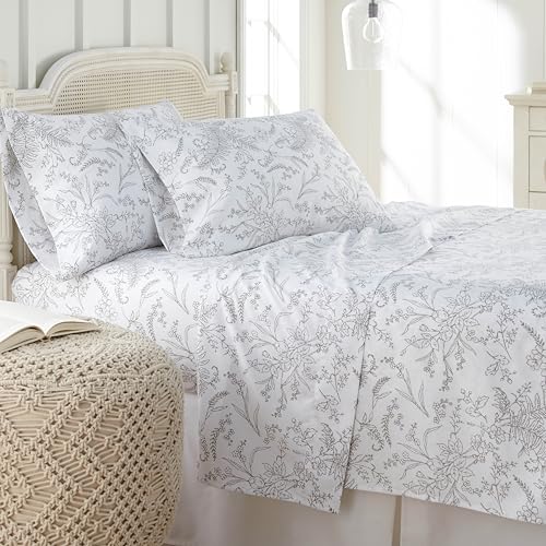 Southshore Fine Living, Inc. Winter Brush, 4-Piece, 15 Inch Deep Pocket Full Size Sheets Set, Floral Bedding, Nature Theme Gray Sheet Set, Easy Care Microfiber, White Sheets, Grey Flowers