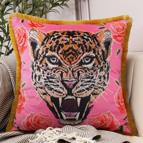 CURRAMET Tiger Floral Velvet Decorative Throw Pillow Covers with Tassels, Modern Decorative Square Cushion Covers for Couch Sofa Bedroom Living Room 20x20 Inch Pink