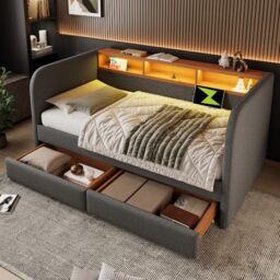 Ball & Cast Upholstered Daybed with Headboard Storage, 90 x 190 cm Single Sofa Bed with LED and USB Type-C Reading Light, 3FT Daybed with 2 Drawers, Linen, Grey (Without Mattress)