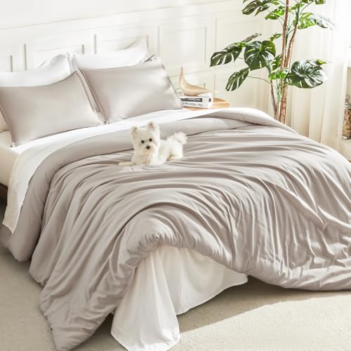 Litanika Queen Comforter Set, 3 Pieces Lightweight Solid Bed Set - Deep Linen Grey Soft Fluffy Down Alternative All Season Quilt Blanket