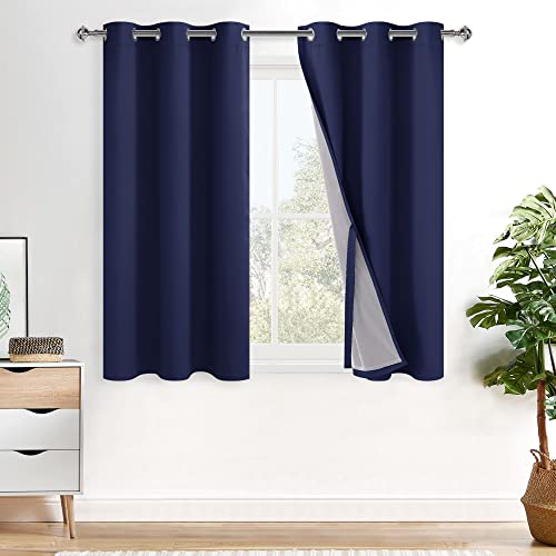 XWZO Total Blackout Curtains 2 Panels with Tiebacks- Double Layers Heat and Full Light Blocking Window Panels with Grommets for Short Kitchen Windows, Navy Blue, W38 x L54, Set of 2