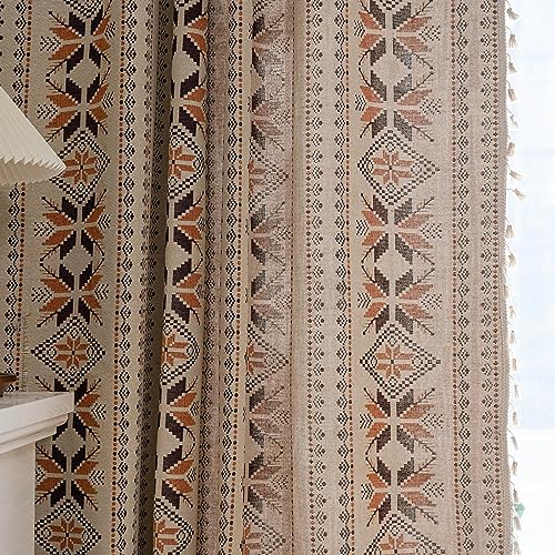Boho Curtains 63 Inch Length 2 Panels Geometric Patterned Drapes Bohemian Semi Sheer Rod Pocket Tassel Short Window Curtain Panels for Bedroom Living Room Farmhouse Coffee Brown Vintage Rustic Curtain