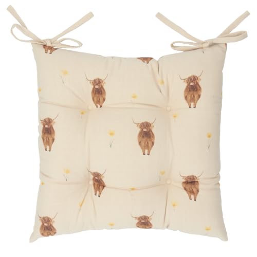 furn. Wylder Ramble Highland Cow Seat Pads – Pack of 2 – Rustic Natural Farmhouse Style Slub Cotton Tie Chair Cushions (Natural – 40x40cm)