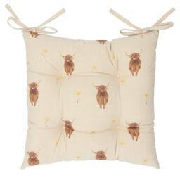 furn. Wylder Ramble Highland Cow Seat Pads – Pack of 2 – Rustic Natural Farmhouse Style Slub Cotton Tie Chair Cushions (Natural – 40x40cm)