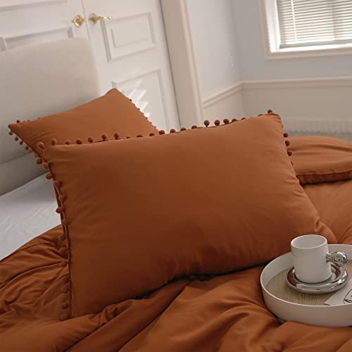 MOVE OVER Pillowcase Queen Size - Set of 2 Boho Pillowcases in Burnt Orange/Copper with Pompom Edge, Decorative Ball Fringe and Pocket Closure