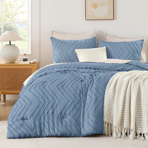 Andency Greyish Blue Comforter Set King Size, 3 Pieces Soft Bedding Set - Boho Warm Comforter Sets for King Size Bed, Aesthetic Chevron Farmhouse Cute Bohemian Textured Lightweight Bedding Set