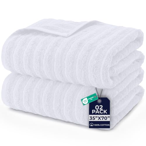 Dan River Pack of 2 Bath Sheet 35x70 Inches, Super Soft Quick Dry Ribbed Cotton Towels, Luxury Oversized White Bath Towels