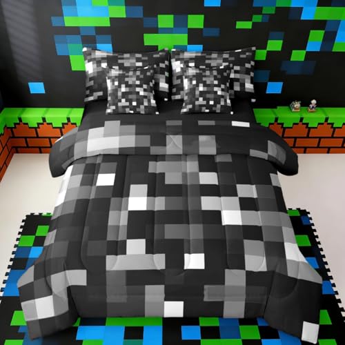 jejeloiu Pixelated Grey Black Full Size Comforter Set with Sheets???Pillowcases & Cushion Cover 7 Piece Bedding Set Super Soft Kids Girls Boys Bedroom Decor Gamepad Grid Bed in a Bag