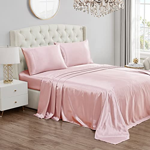 Juicy Couture King Size Silk Satin Bed Sheet Set, Deep Pocket Silky Satin King Sheet Set with 1 Fitted Sheet, 1 Flat Sheet and 2 Pillow Case, Wrinkle Resistant and Anti Pilling - Pink