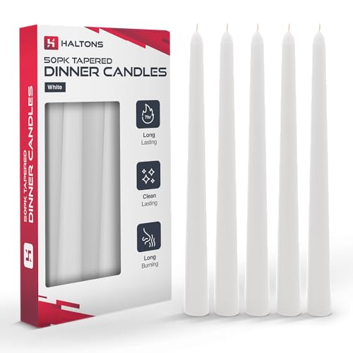 Haltons Tapered Dinner Candles - Unscented Long Candlesticks, 7-Hour Burn Time - Clean-Burning White, Green, Ivory, or Red Taper Candles - Elegant Design for Events, Weddings, and Home Decor (50 Pack)