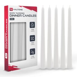 Haltons Tapered Dinner Candles - Unscented Long Candlesticks, 7-Hour Burn Time - Clean-Burning White, Green, Ivory, or Red Taper Candles - Elegant Design for Events, Weddings, and Home Decor (50 Pack)