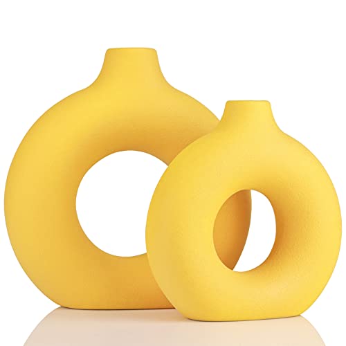 Yellow Vase Decor Donut Vase Set of 2 - Circle Hollow Vases, Modern Matte Ceramic Vases for Entryway Living Room Bedroom Dining Table Centerpiece Office Home Decor