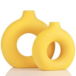Yellow Vase Decor Donut Vase Set of 2 - Circle Hollow Vases, Modern Matte Ceramic Vases for Entryway Living Room Bedroom Dining Table Centerpiece Office Home Decor