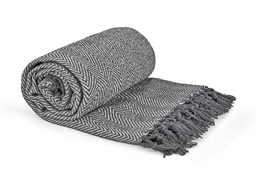 Emma Barclay Herringbone - Recycled Cotton Patterned Chair Sofa Setee Bed Throw Over Blanket in Silver Grey - 90x100 (228x254cm)