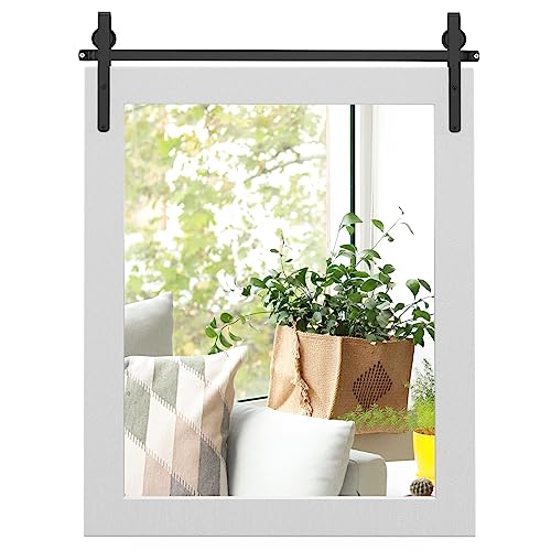 CASART Decorative Wall Mirror, Rustic Farmhouse Wall Mounted Hanging Mirror, Explosion-proof Barn Door Style Rectangle Vanity Mirror for Living Room Bedroom Bathroom Dressing Room (White, 76 x 55cm)