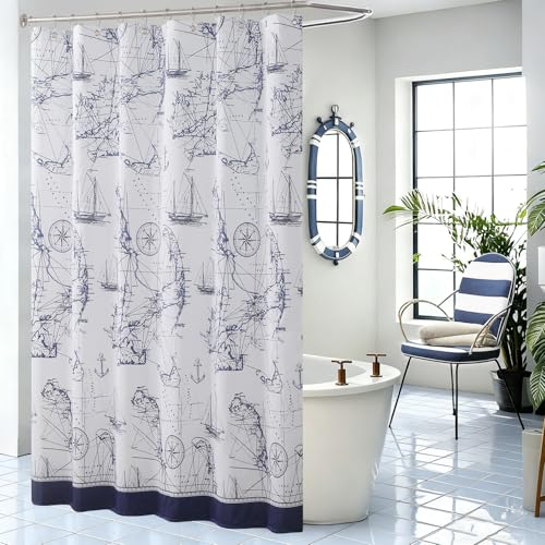 "DS CURTAIN Aviation Ocean Waterproof Poleyster Fabric Navy Printed Blue Shower Curtians for Bathroom,Small 54"" W x 72"" H"