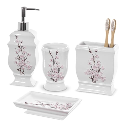 Creative Scents White Bathroom Accessories Set - Decorative 4 Piece Bathroom Set - Cherry Blossom Bathroom Accessory Set Includes: Soap Dispenser, Toothbrush Holder, Tumbler and Soap Dish (Vanda)