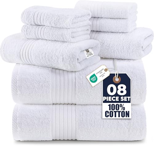 Utopia Towels 8 Piece Premium Towel Set, 2 Bath, 2 Hand, and 4 Washcloths, 100% Ring Spun Cotton, Highly Absorbent Towels for Bathroom, Sports, and Hotel, (White, 8 Pack)