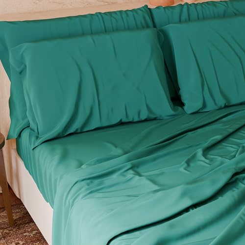 PETTI Artigiani Italiani-Piece French Queen Size Sheet Set, Soft and Breathable, Complete Bed Set with Top Sheet, Fitted Sheet with Elasticated Corners and 2 Pillowcases Teal Sheets