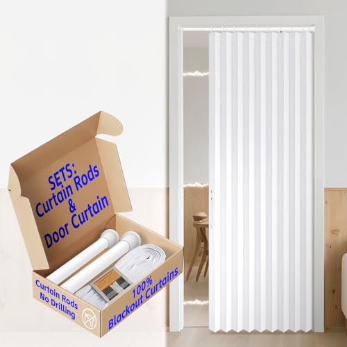 AJAZZ 100% Blackout Magnetic Door Curtain Patio Door for Bedroom Living Room Accordion Doorway Curtain Sets (1 Pack, 44 W x 78 L, White+Rod)