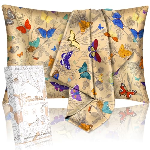 Miss Adola 2 Pack Mulberry Silk Pillowcase for Hair and Skin - Queen Size 20 x 30 Inches with Hidden Zipper Line Butterfly 19 Momme Soft Sleeping Silk Pillow Case for Women, Moms