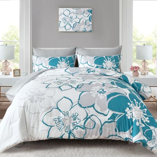 "Anibedding Teal Floral Comforter Set Full Size 7 Piece, Teal Blue Flower Bed in a Bag, Elegant Botanical Floral Comforter Soft Microfiber Complete Bedding Set for All Season, (Teal, 78""x90"")"