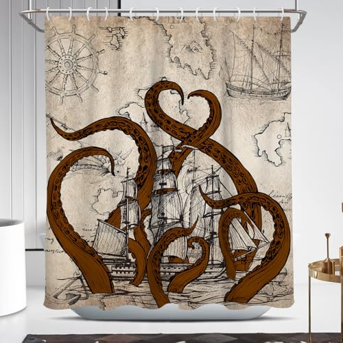 Coxila Vintage Octopus Shower Curtain Nautical Funny Fun Ocean Cool Kraken Pirate Ship World Map Mens Anime Unique Adventure Novelty Sea Weird 60 x 72 Inch Polyester Fabric 12 Pack Hooks