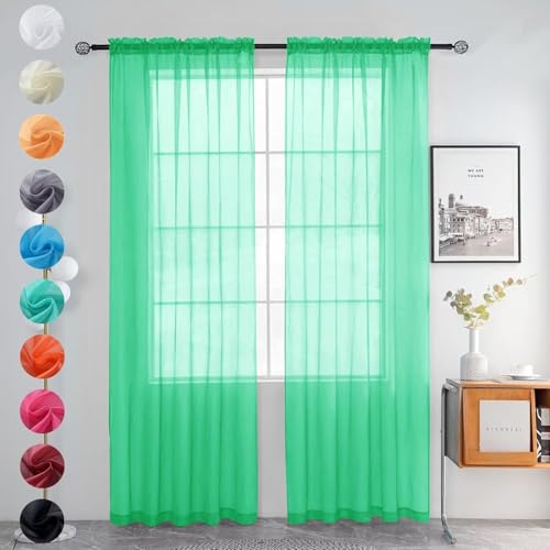 youleyar Solid Sheer Rod Pocket Curtain Voile Draperies 2 Panels White Beige Black Grey Ivory 52 Inch Width 108 Inch Long 1 Pair for Kitchen Bedroom Children Living Room Yard (Grass Green,52W???108L)