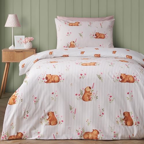 Catherine Lansfield Happy Capy(bara) Reversible Single Duvet Cover Set with Pillowcase Natural