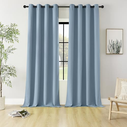 HUTO Blackout Curatins Window Drapes for Bedroom Living Room - Antique Copper Grommet Room Darkening Thermal Insulated Privacy Protect Draperies Curtains, Set of 2, Dusty Blue, 52W x 108L