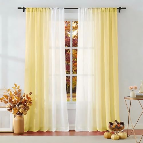 "Yellow Ombre Chiffon Sheer Curtain 63 Inch Long for Living Room Crinkle Semi Sheer Curtain Panels for Bedroom, Gradient Light Filtering Window Drapes Set of 2 for Kids Room, Office, Rod Pocket, 52""W"