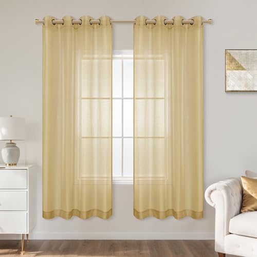 KOUFALL Gold Curtains 63 Inch Length for Living Room,Sheer Art Deco Vintage Curtains for Bedroom