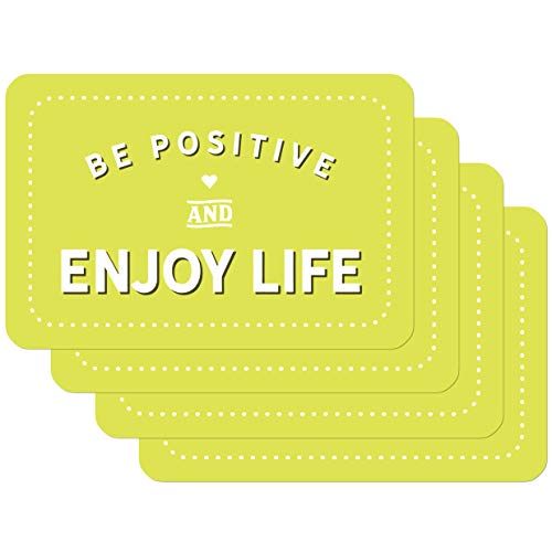 Venilia Place Mat Set for Dining Room Light Green with Saying 'Be Positive and Enjoy Live', Set of 4, Wipe-Clean Polypropylene, Food-Safe, 45 x 30 cm, 59069