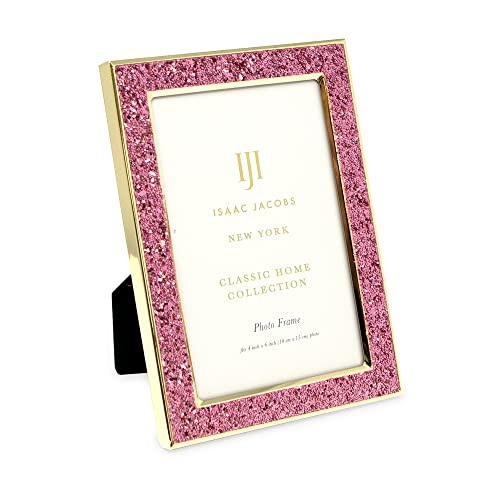 Isaac Jacobs 4x6 Pink Glitter (Vertical & Horizontal) and Gold Metal Picture Frame, with Black Fabric Easel, Wall-Mountable, Made for Tabletop, Counterspace, Shelf and Desk (4x6, Pink Glitter W/Gold)
