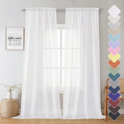 Lecloud White Sheer Curtains 90 Inches Long 2 Panels, Farmhouse Voile Window Drapes Rod Pocket, Elegant Airy Sheer White Curtains for Living Room Bedroom, Each Panel 42 X 90 Inch