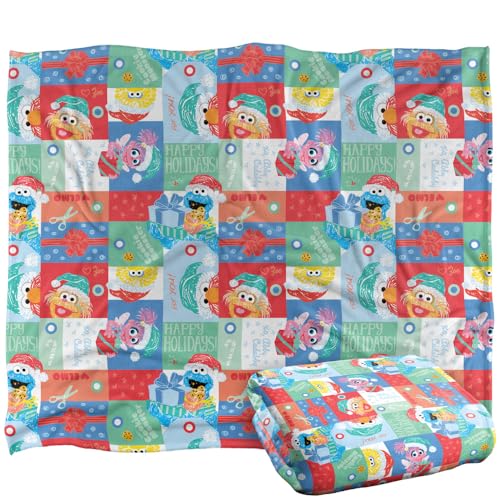 Sesame Street Happy Holiday Squares Pattern Silky Touch Super Soft Throw Blanket 152 X 127 Cm