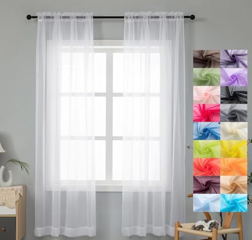 "WPM White Sheer Curtains 58"" Wide x 84"" Long 2 Panels Livingroom Window Treatment Rod Pocket Sheer Voile for Bedroom, Kitchen, Childrens Room Fully Stitched and Hemmed"