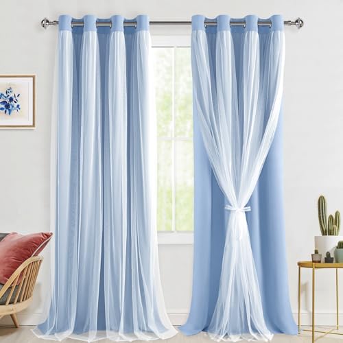 Hiasan Blackout Curtains with Sheer Overlay, Mix & Match Double Layer Thermal Insulated Room Darkening Curtains for Bedroom, Living Room, 2 Window Curtain Panels with Tiebacks, Baby Blue, 52W X 108L