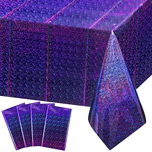 "FunnyPars 4 Pack Iridescent Plastic Tablecloths Shiny Disposable Laser Rectangle Table Covers Holographic Foil Tablecloth Iridescent Party Decoration Birthday Bridal Wedding Christmas 54""x108""(Purple)"