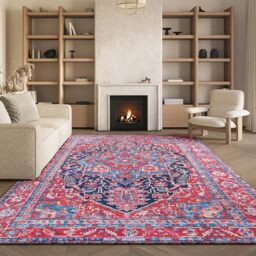 SAFAVIEH Traditional Rug Ideal for High Traffic Areas - Machine Washable and Non Slip - Tucson Collection, Short Pile, in Navy and Red, 183 X 274 cm